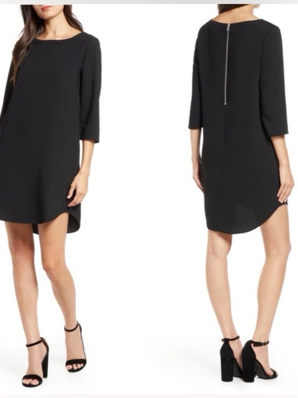 BB Dakota Black Shift Dress XS Minimalist 3/4 Sleeve Back Zip Dress